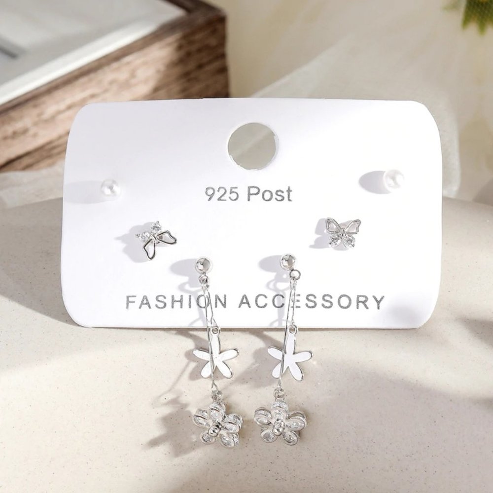 [3 Pairs] 925 Sterling Silver Flower Earrings Q - Picture 4 of 7